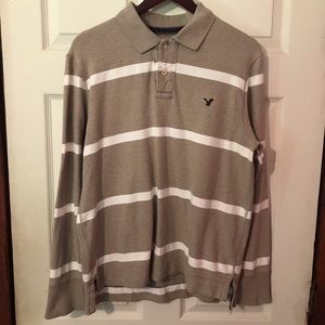 American Eagle Tan and White Striped Eagle Polo Mens Medium M